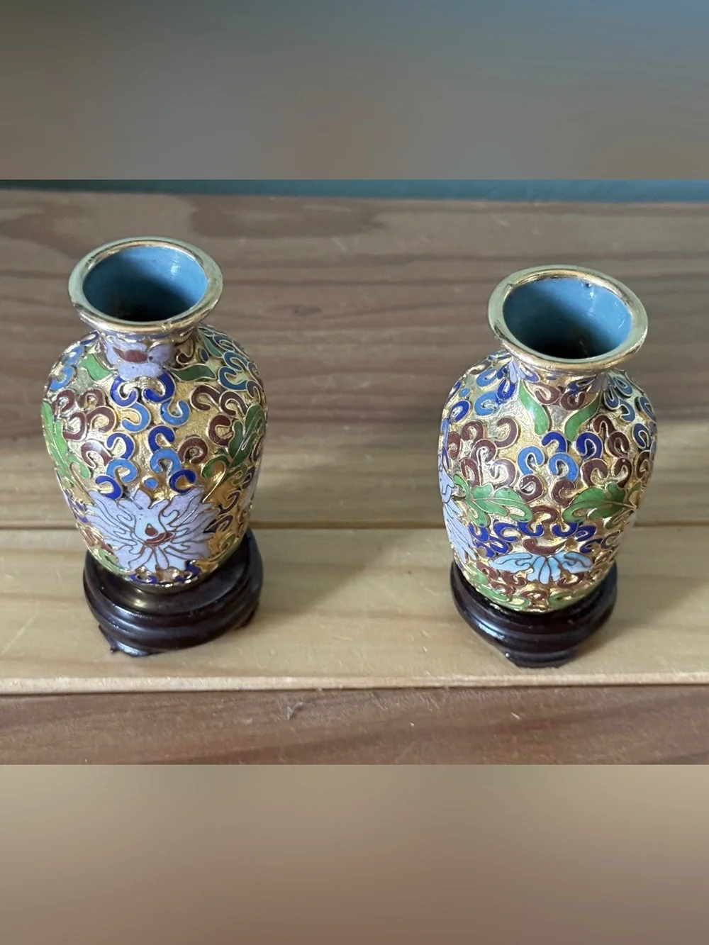 Vintage Chinese Cloisonne Lotus Vases 3” Pair w/ Wood Stands & Original Box
